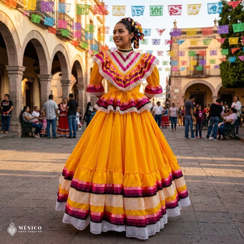 Yellow Professional Jalisco Folkloric Dress – Mexican Ribbon Style